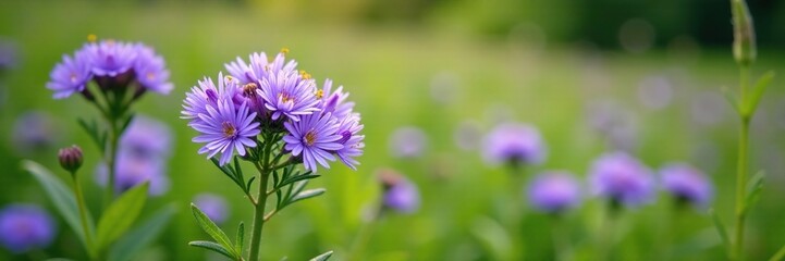 Fototapeta premium Fringed Blue Aster (Symphyotrichum ciliolatum) blooming in a lush meadow landscape, Spring, Wildflower