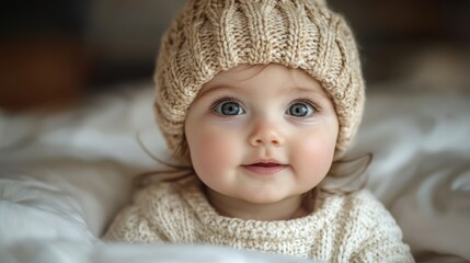 Adorable baby in a cozy knit hat and sweater, smiling warmly amidst soft blankets indoors