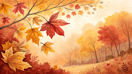 Watercolor autumn leaves background, warm oranges, yellows, and reds blending together, capturing the essence of the season and renewal, cozy and inviting