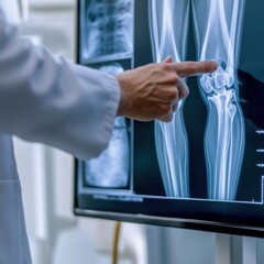 Doctor Analyzing X-Ray Images of Human Knee Joint in Clinic
