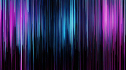 Dark background, vertical lines of blue and purple light with digital glitch effects