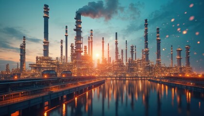 Obraz premium Sunset over future factory. Evening industrial plant with refinery. Oil, gas, petrochemical industry concept in creative graphic design reflects in water, showing next generation power, energy