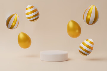 3d render easter falling egg gold podium banner. Three-dimensional vector illustration. Greeting poster for celebration, springtime holiday, kids hunt or design for sale advertising. Modern template