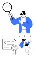 Person holding magnifying glass examining document, certificate with seal, and another using laptop. Ideal for business analysis, certification, collaboration, online work, research, document review
