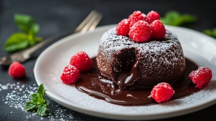 Chocolate Lava Cake with Raspberries on White Plate