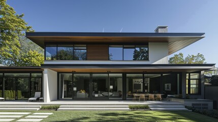 Fototapeta premium Modern house featuring a flat roof and large windows