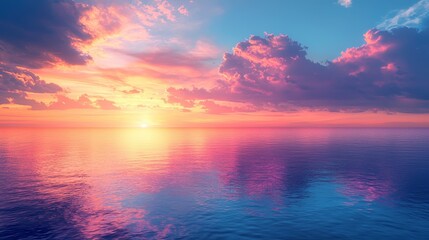 Fototapeta premium Serene sunset reflection over calm waters coastal landscape digital art tranquil environment aesthetic viewpoint