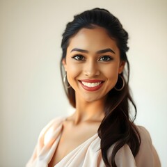 Se ve a una mujer hispana con un rostro hermoso parada sola, sonriéndote con hermosos ojos y un fondo limpio.
