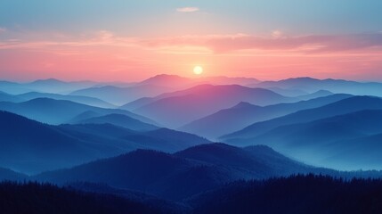 Naklejka premium Breathtaking sunrise over misty mountains nature photography scenic landscape tranquil environment wide angle view