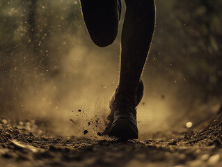 Close-Up of a Runner&rsquo;s Feet Mid-Stride on a Trail with Dust Kicking Up
