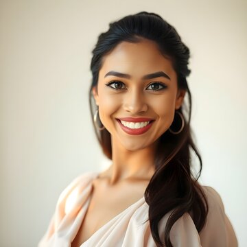 Se ve a una mujer hispana con un rostro hermoso parada sola, sonri&eacute;ndote con hermosos ojos y un fondo limpio.