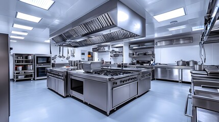 Modern professional kitchen with stainless steel appliances and equipment for food preparation