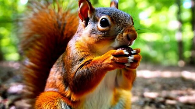 Squirrel animation high resolution cinematic Creative 4k video, Portrait of a Grey squirrel eating nut on a tree, aminol on the grass , Squirrel background wildlife,film - moving image 

