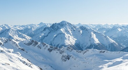 A beautiful view of a big snowy mountain range with a blue sky generative ai
