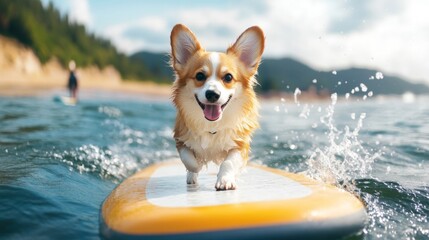 A happy small corgy balancing gracefully on a stand up paddle board floating. Water splashes fly into the camera