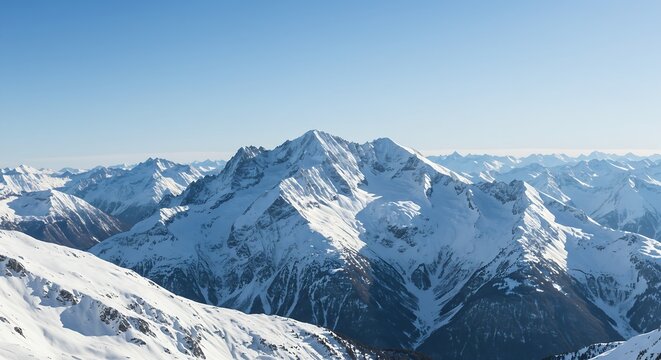 A beautiful view of a big snowy mountain range with a blue sky generative ai