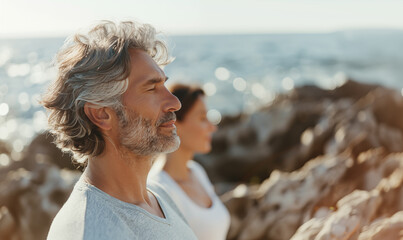 Mature people, yoga, outdoors and relax. Handsome man and beautiful woman enjoying peaceful moment by the sea.