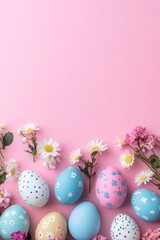 Colorful easter eggs and spring flowers creating a frame on a pink background with copy space, vertical