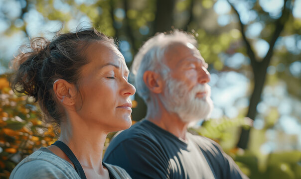 Meditation practice in a serene outdoor setting with a mature man and a woman on their 60s focusing on their breathing