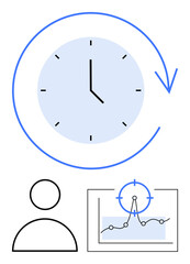 Clock with circular arrow for time flow, user avatar, and analytics graph with target marker. Ideal for productivity, planning, deadlines, monitoring, focus, strategy abstract line flat metaphor