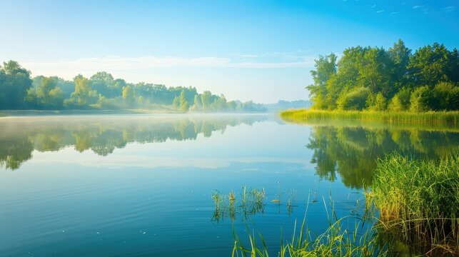 Serene morning scene: misty lake with mirror reflection.