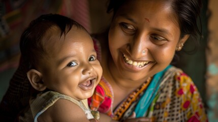 Mother and baby radiate happiness and joy in soft indoor lighting.