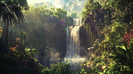 Enchanting Tropical Paradise with Waterfall and Lush Greenery