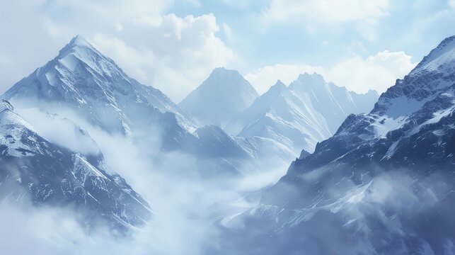 Mist-covered mountains with majestic snow-capped peaks in soft light