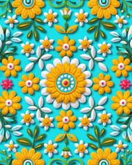 Fototapeta premium Colorful Floral Pattern with Bright Yellow, White Flowers and Green Leaves on Turquoise Background