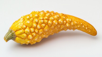 A vibrant yellow and white vegetable rests elegantly on a clean white surface, showcasing its fresh appearance and natural beauty.