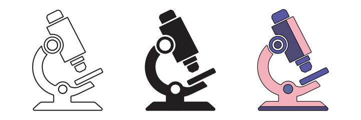 Microscope Icon symbol vector illustration. three stylized microscope icons, presented in black and white line art and two color variations.