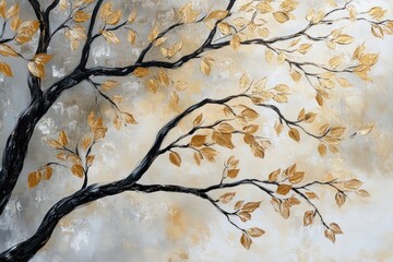Golden Leaves on a Black Branch Abstract Painting