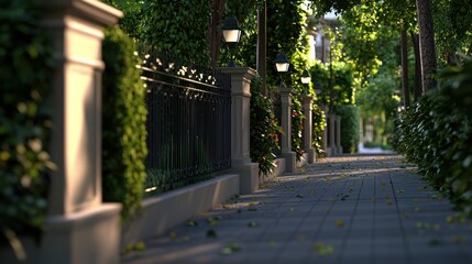 Serene tree-lined pathway with lush greenery and lampposts in a tranquil urban setting