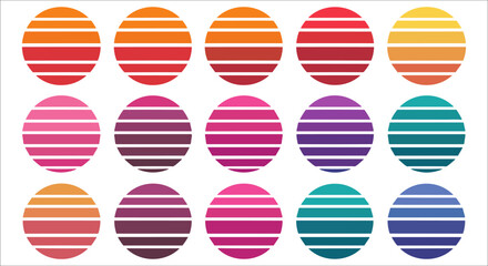 Obraz premium Vintage 80s retro sunset striped circle vector. Vintage retro sunset circular collection. Abstract retro gradient circle striped vector icons. Trendy retro sunset gradient circle vector illustration