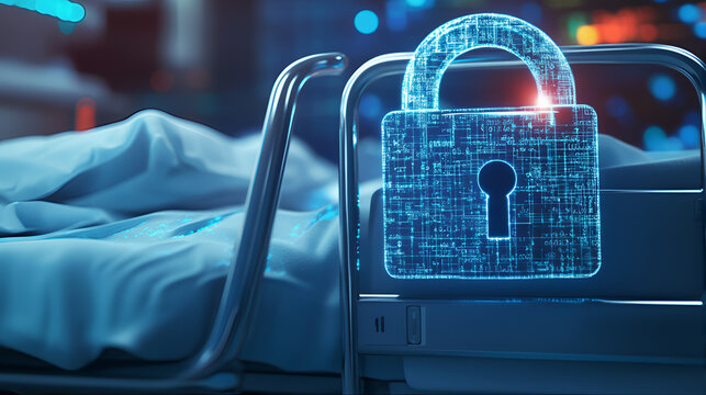 Healthcare Happa compliance patient identity cybersecurity data privacy digital technology padlock over hospital bed concept