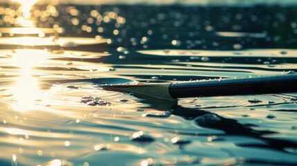 Oars gliding through calm water at dawn during practice