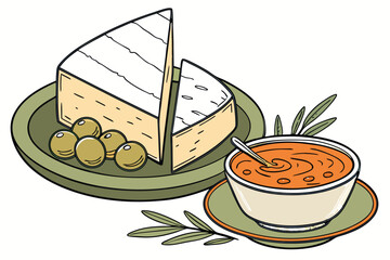  Cheese platter, large triangular cheese wedge, sliced cheese, green olives, bowl of orange dip, green plate, photorealistic, food photography, detailed textures, appetizing, gourmet presentation, w