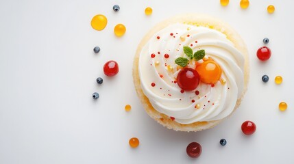 A delightful cupcake featuring smooth white frosting topped with an assortment of fresh fruit, perfect for a sweet treat or celebration.
