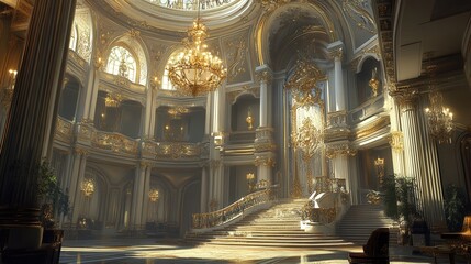 Fototapeta premium a classic interior with a towering dome, featuring ornate architectural details and a chandelier hanging from the center