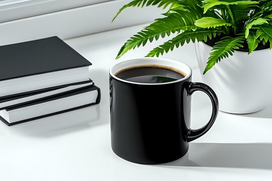 Black coffee mug on white desk with notebooks and green plant, minimalist workspace setup for modern office or home environment, morning routine concept.
