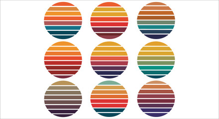 Fototapeta premium Abstract retro sunset gradient circle stripes vector. Abstract Vintage retro badges set. Colorful abstract circular sunset striped vector design. Retro colorful sunset circular vector design elements