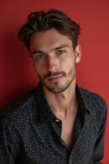 Obraz premium portrait of a young man with a stylish hairstyle dressed in a black shirt against a red wall