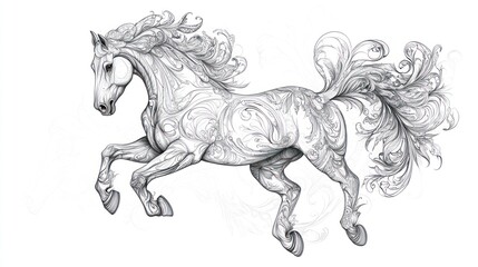Ornamental horse in motion, detailed design, artistic drawing