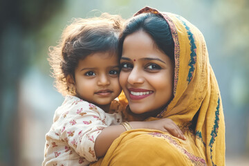 Mother holding daughter and smiling at the camera