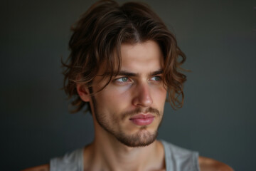Obraz premium Portrait of a young attractive man with a stylish hairstyle, beard and mustache in a gray sleeveless T-shirt, face close-up on a dark background