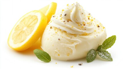 A delightful dessert featuring a lemon topped with fluffy whipped cream and garnished with a fresh lemon slice for added zest.