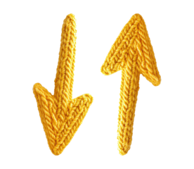 Knitted wool arrows pointing up and down, blank background, isolated on transparent background in PNG