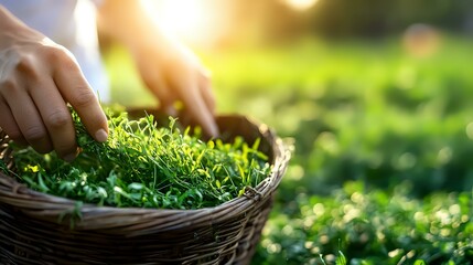 Fresh green tea leaves being carefully hand-picked at sunrise, with morning dew glistening on organic plantation. Selective focus on harvesting basket and hands.