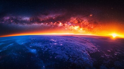 Fototapeta premium stunning cosmic view of earth at dawn with milky way galaxy
