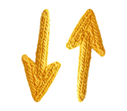 Knitted wool arrows pointing up and down, blank background, isolated on transparent background in PNG